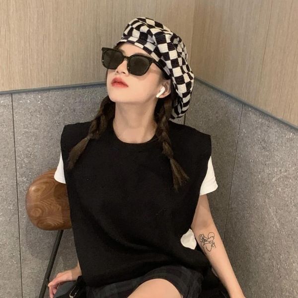 

berets japanese minority chessboard lattice beret female summer fashion retro cloud hat spring and autumn style large head circumfe, Blue;gray