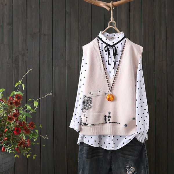 

fashion embroidery v-neck knitted sweater vest female literary fan loose sleeveless cartoon pattern sweater vest women spring 211008, Black;white