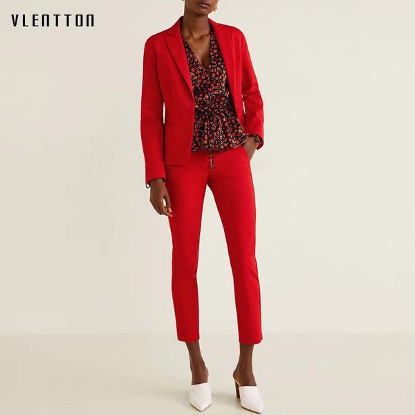 

office lady pants suit women's single breasted long sleeve short blazer coat & zipper trousers two piece set red costume femme, White