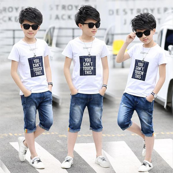 

children clothes sets summer boys tracksuits t shirt shorts outfits kids clothing sport suit big denim, White
