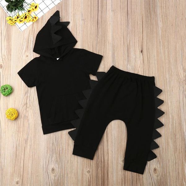 

2pcs toddler baby boy t shirt hooded pants dinosaur outfit kids clothes set cotton short sleeves pocket sets, White