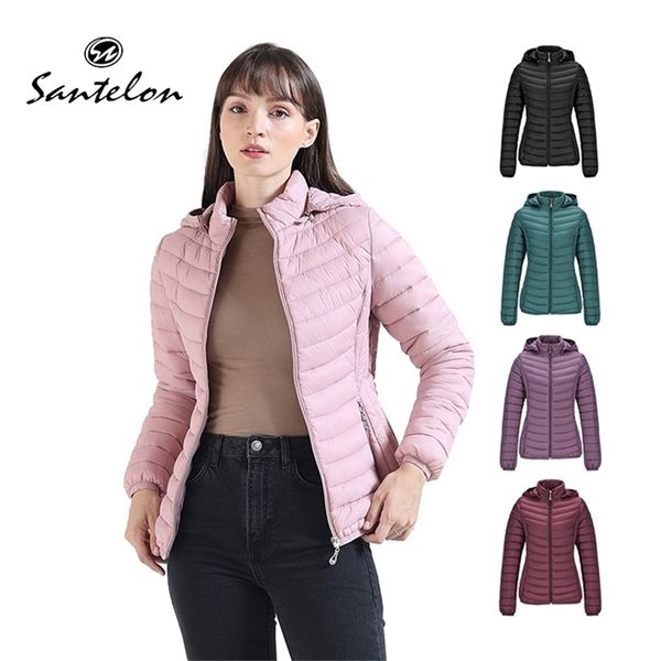 

santelon winter women light padded jacket coat slim short outdoor warm cotton clothes portable store in a bag ultralight outwear 211216, Black