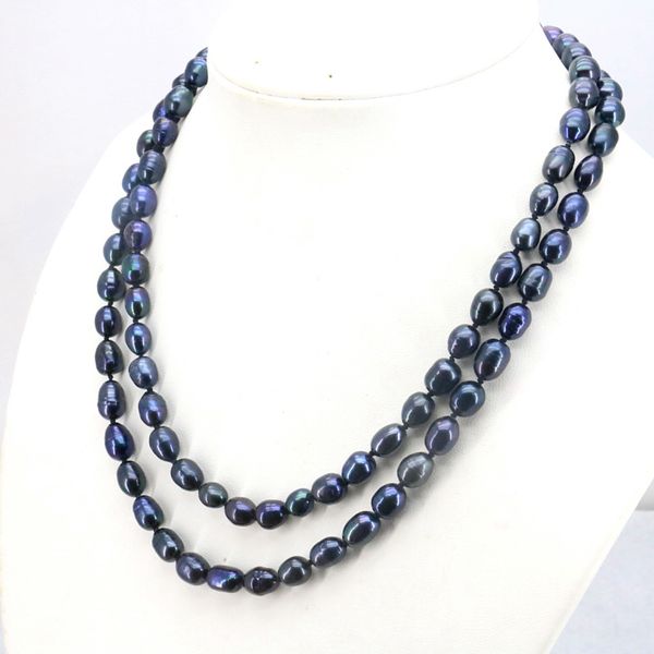 

rice black pearl long 7-8mm 36 inches fish shape buttons diy beaded women necklace gift, Silver