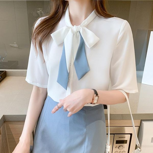 

women's blouses & shirts summer bow tie women short sleeve chiffon office blouse clothes womens profession 2021, White