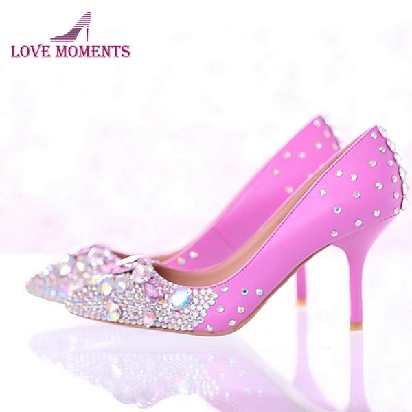 

beautiful wedding shoes rhinestone bridal dress pointed toe high heels women pink color with ab crystal, Black