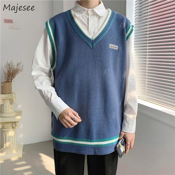 

sweater vest men striped casual patch design letter embroidery chic jumpers v-neck knitted loose trendy retro college students men's ve, Black;white