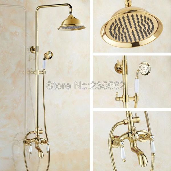 

bathroom rain shower faucet set gold color brass finish wall mounted tub mixer taps with 8.2 inch large heads lgf433 sets