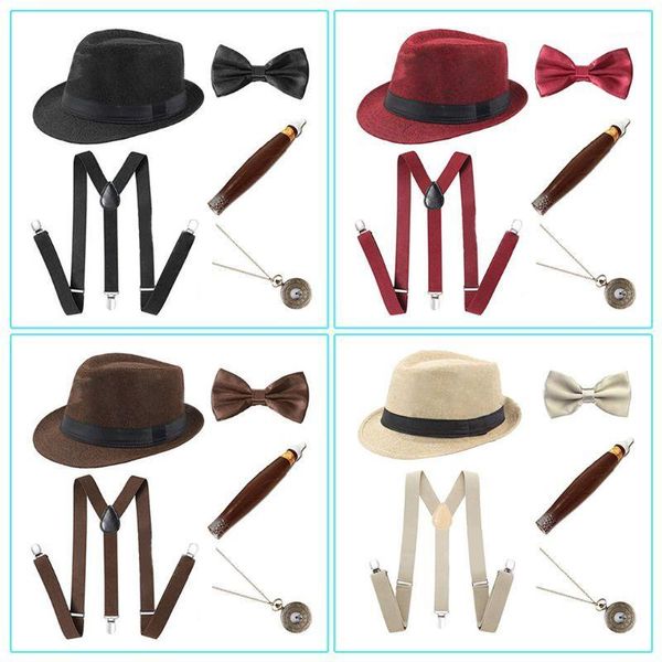 Set di accessori per costumi cosplay da uomo degli anni '20 Manhattan Hat Bretelle Pre-legato Papillon Orologio da taschino in plastica finto1