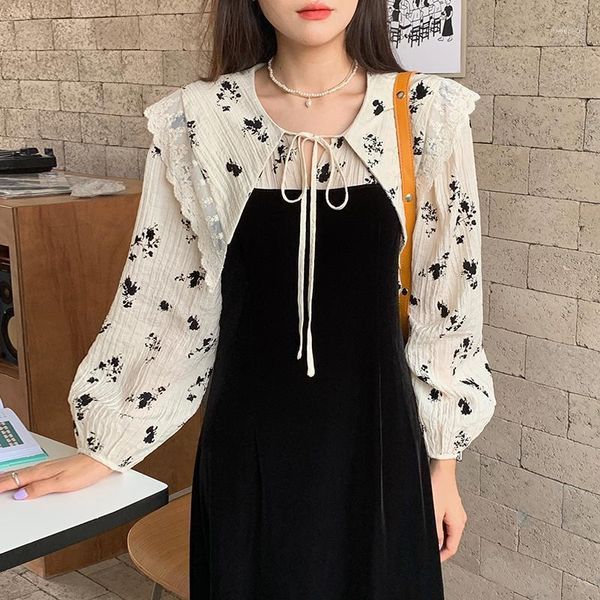 

casual dresses autumn french lace turn down collar woman dress elegant splicing fake two pieces floral velvet robe femme office lady vestido, Black;gray