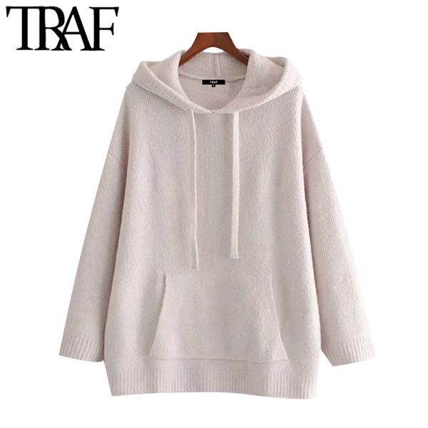 

traf women fashion with pockets oversized knitted sweater vintage adjustable drawstring hood female pullovers chic 210415, White;black