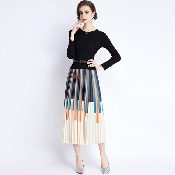 

casual dresses women autumn office lady a-line draped mid-calf o-neck elegant dress knitting cotton party 2021, Black;gray