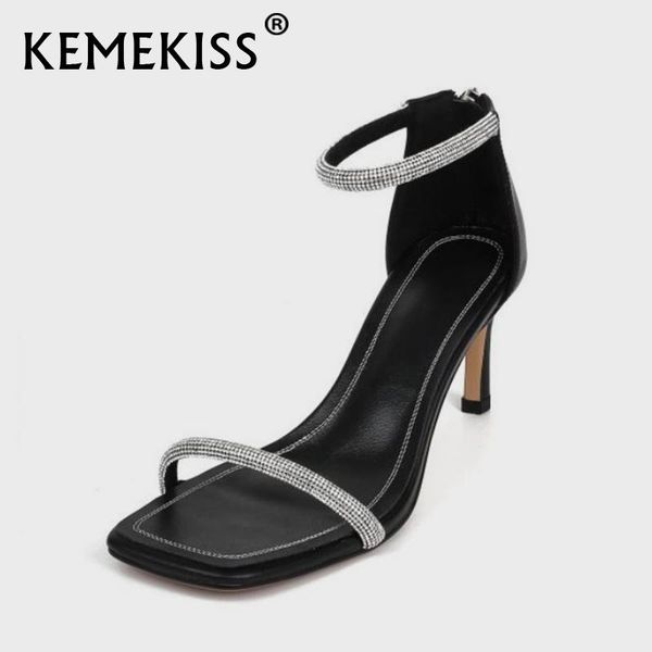 

dress shoes kemekiss women genuine leather sandals for thin high heels zipper rhinestone ladies footwear size 34-39, Black