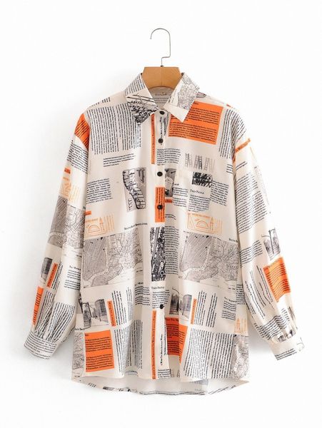 

newspaper print button up blouse p6ba#, White