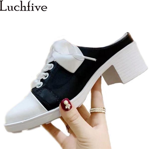 

round half toe chunky high heel slipper women casual lace-up slip on leather mules ladies 2021 summer leisure lazy shoes mujer slippers, Black