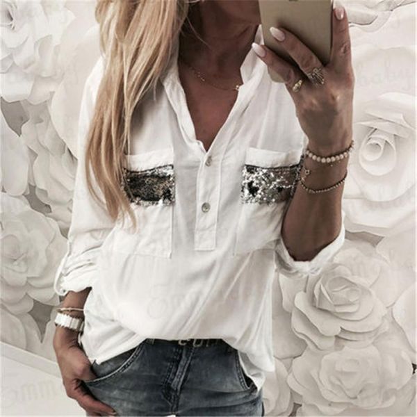 

fashion ladies casual v neck shirt 2021 women summer loose long sleeve sequins pocket blouse office women's blouses & shirts, White