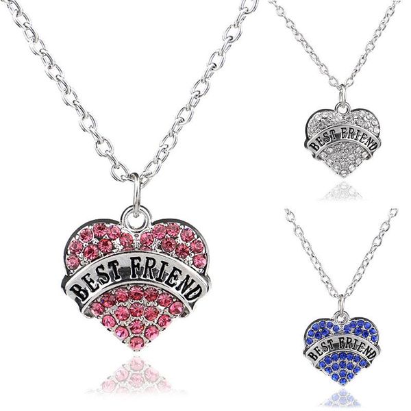 

3pcs engraved friend women lady mixed color rhinestone crystal heart, pendant necklace gift chains, Silver