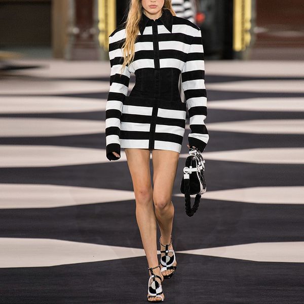 

casual dresses black white matching wide-shoulder striped women's leather veet autumn winter runway long sleeve es female jlxs, Black;gray