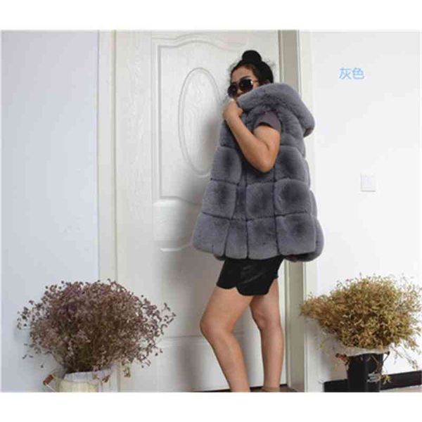 

women's medium-length rabbit fur coat with hood q4ql, Black