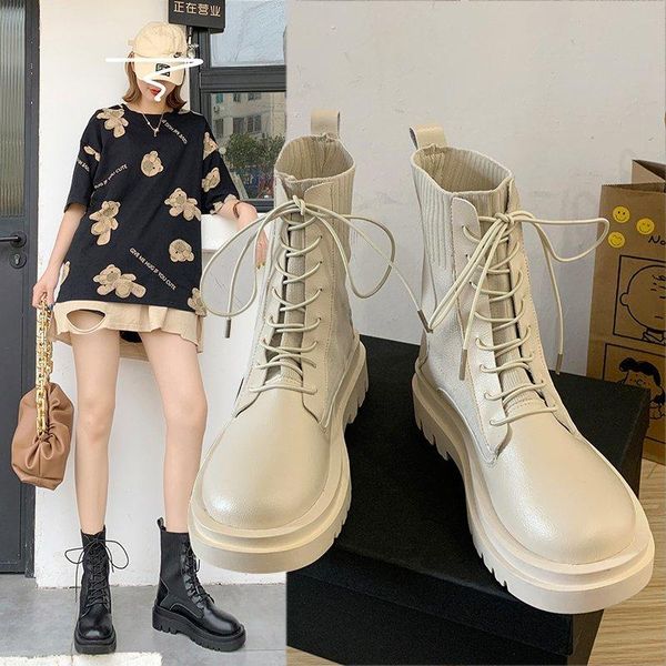 

boots spring autumn ankle slip-on breathable black beige leather round toe platform short basic ladies