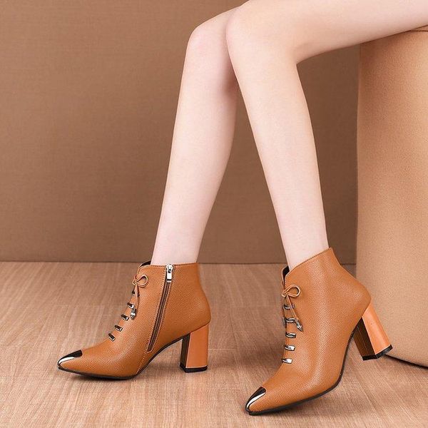 

boots 2021 autumn and winter female british style wild thick-heeled pointed iron toe high-heeled ankle, Black