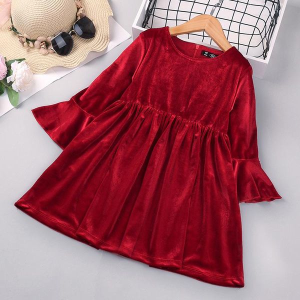 

girl's dresses girls flared long-sleeved golden velvet princess dress flower girl toddler fall clothes kids for, Red;yellow
