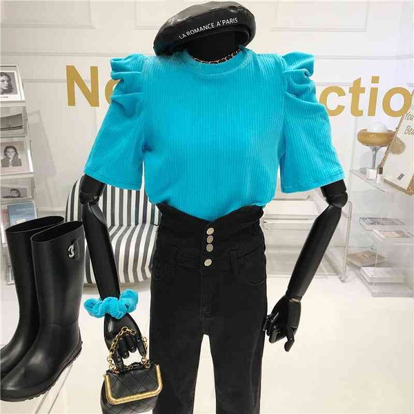 

velvet design t-shirt short sleeve sweet temperament bubble around neck spring 2021 female niche, White