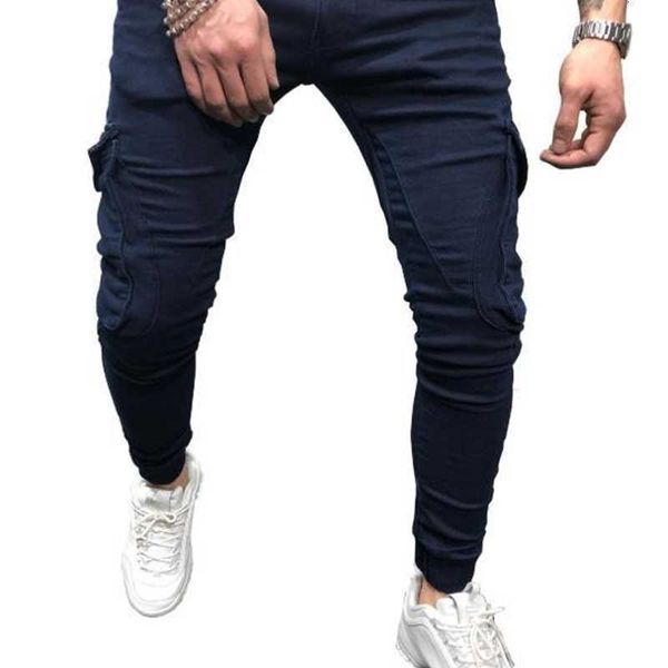 

men's jeans pocket cargo street hiphop casual zipper fly pencil pants mens designer fashion dark blue udrr
