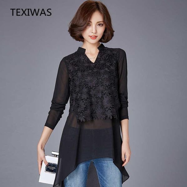 

women's blouses & shirts texiwas 2021 spring summer plus size long section chiffon shirt lace stitching v-neck sleeve slim shir, White