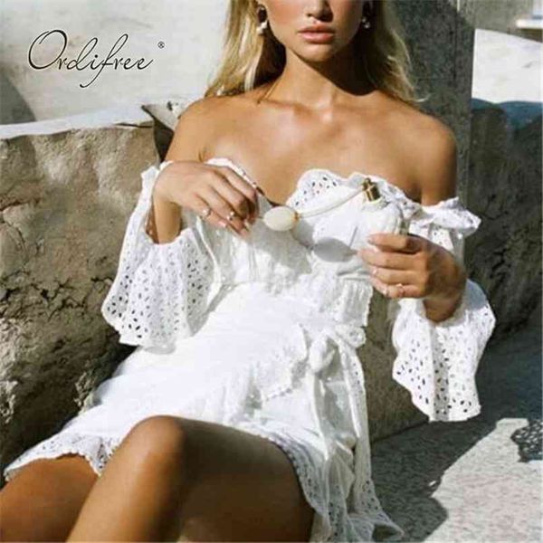 

summer women off shoulder mini dress long sleeve white lace ruffle beach 210513, Black;gray