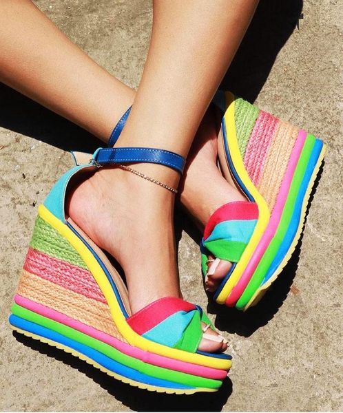 

sandals lihuamao bohemia colorblock ankle strap wedge for women high heel peep toe pumps party dacning, Black