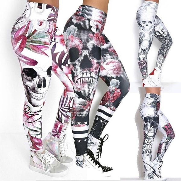 

women's leggings 2021 fitness push up skull print elastic high waist women pants ankle length casual female compression, Black