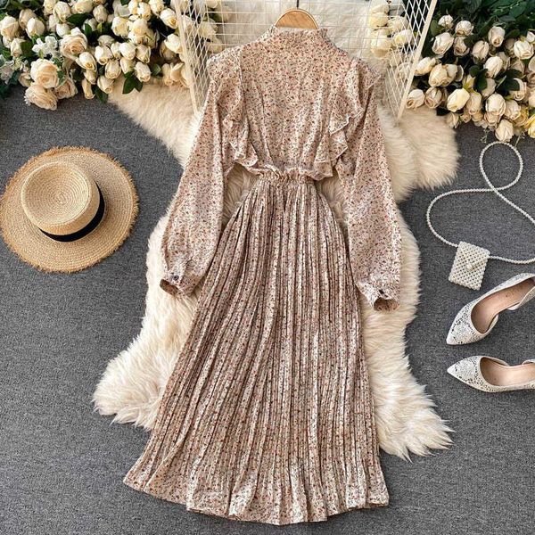 

casual dresses boho long sleeve vintage high waist party summer ruffle women 2021 spring print floral chiffon pleated dress, Black;gray