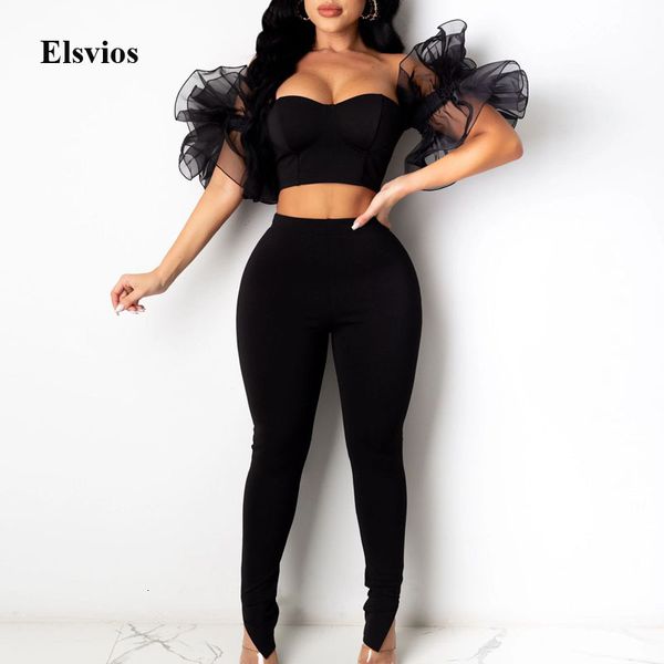 

women's tracksuits elegant strapless crop and pencil pants suit 2021 spring summer short sleeve outfit backless mesh wom, Gray