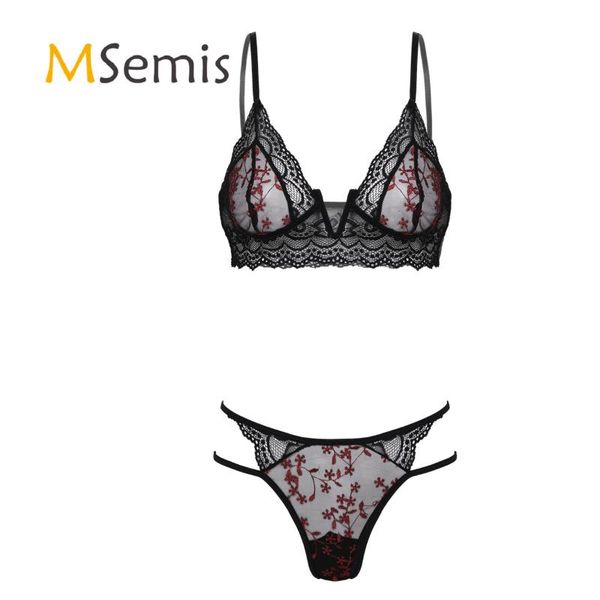 

womens see-through lace lingerie set underwear floral embroidery wireless unlined bra with elastic waistband thongs briefs one-piece suits