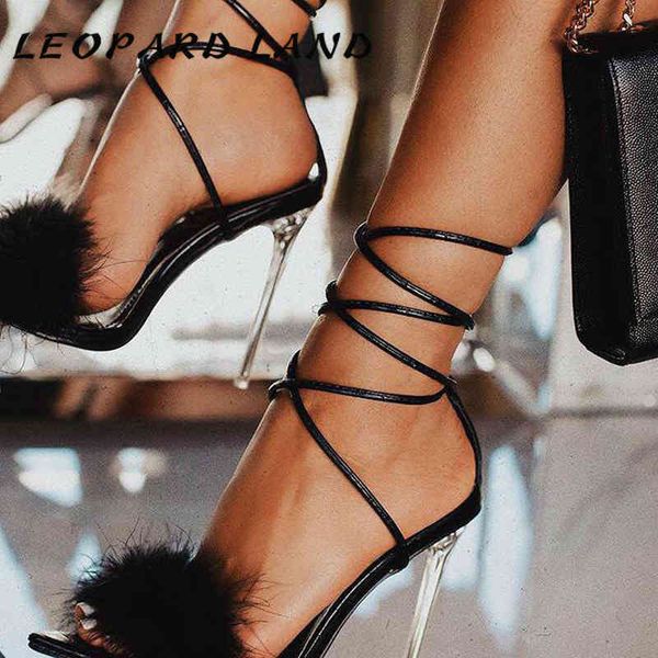 

leopard land 2021 summer women's sandals for women ladies feather strap transparent crystal high heel pointed toe cwf, Black