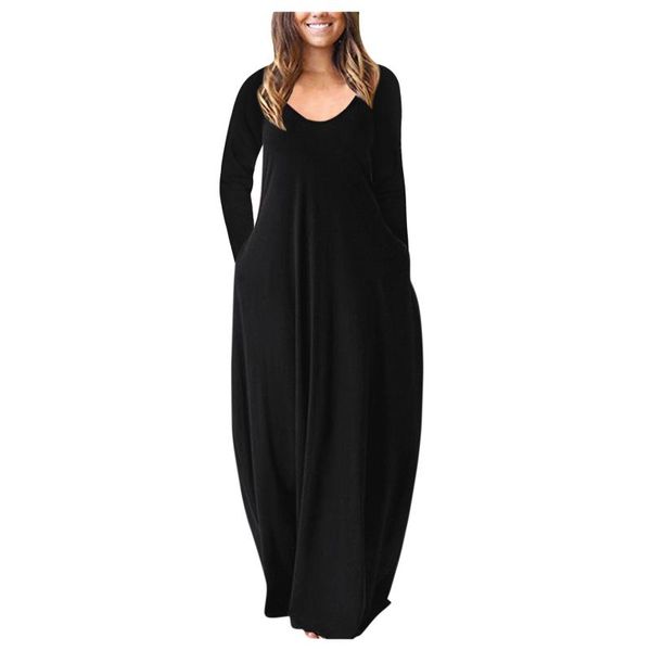 

casual dresses women's autumn maxi dress long sleeve o-neck home wear a-line daily asymmetrical for women, Black;gray