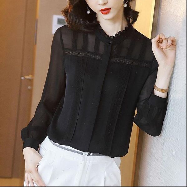 

womens spring summer style lace women shirts blouses shirt solid color o neck button long sleeve elegant casual, White