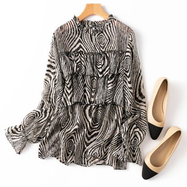 

women's blouses & shirts shuchan thin see through loose blouse women natural silk club flare sleeve ruffles stand collar chiffon, White