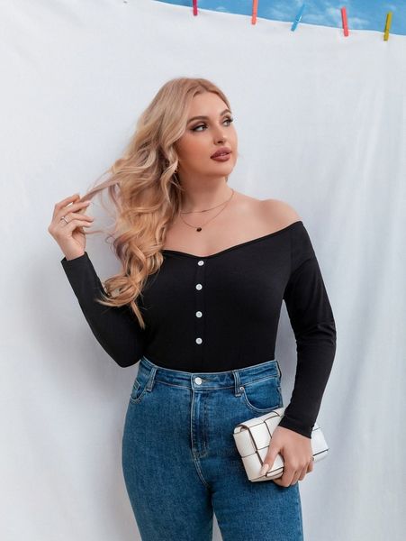 

plus off shoulder fake button bodysuit s345#, Black