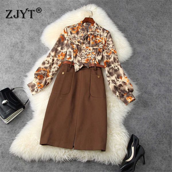 Lady Moda Bahar Uzun Kollu Leopar Baskı Patchwork Elbise Kadın Giyim Yay Yaka Vintage Vestidos Ofis Kalem Festa 210601