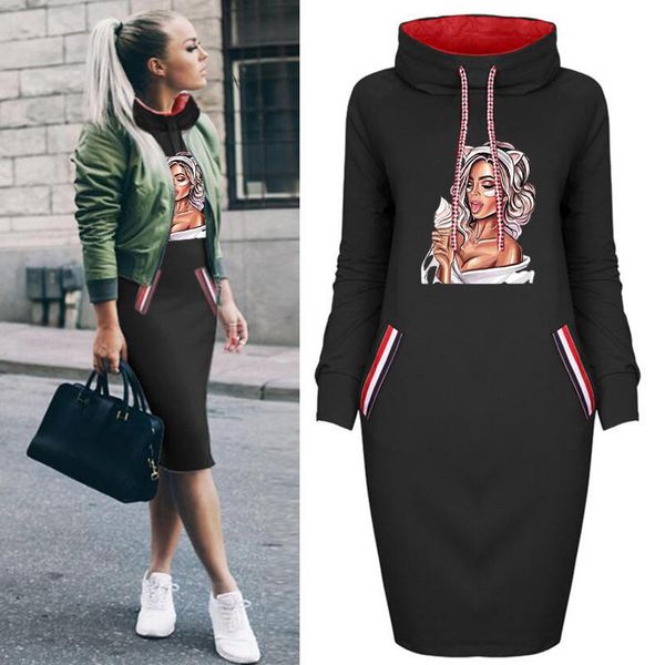 

casual dresses women fall dress beauty lady print long sleeve party club black vintage slim short plus size bodycon fashion 2021, Black;gray