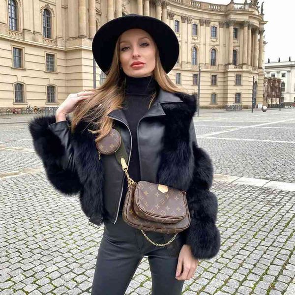 

winter warm women's fox fur coat imitation splicing black