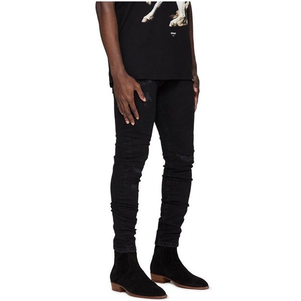 

men's jeans american represent cut tassel embroidered high street casual pants damage skinny slim, Blue