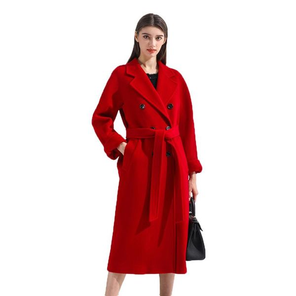 

women's wool & blends 2021 autumn winter long red woolen coat women black blue beige plus size lapel double breasted fashion jacket gh7
