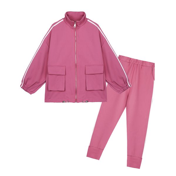 Tuta da camion donna manica lunga due pezzi set giacca pantaloni tinta unita rosa nero tasca casual T0346 210514
