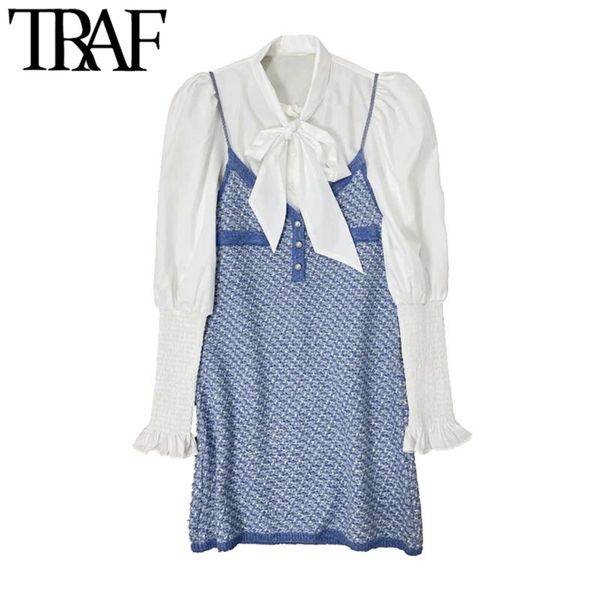 

traf women chic fashion two piece sets knitted mini dress vintage bow tied collar puff sleeve female dresses mujer 210415, Black;gray