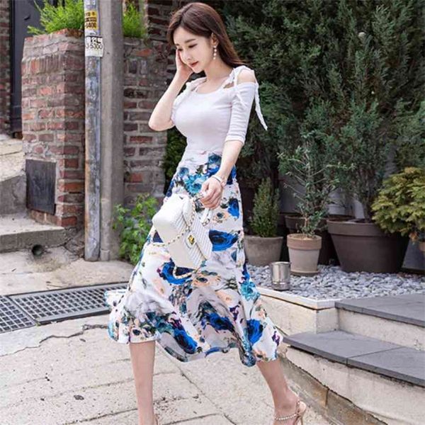 

women's summer 2 piece set slash neck short sleeve t-shirt + high waist print bodycon mermaid skirts suit 210519, White