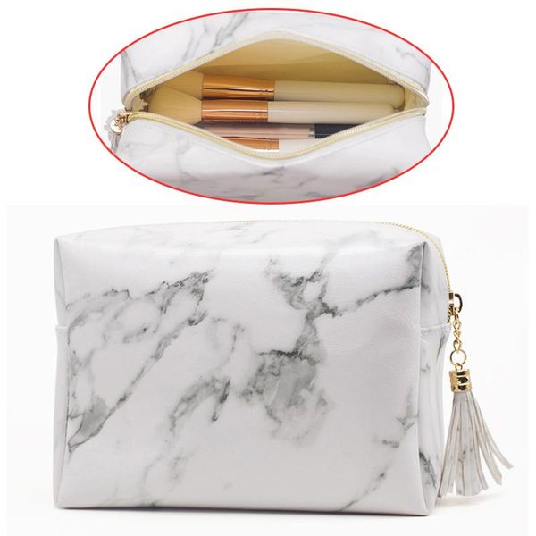 

cosmetic bags & cases women pu leather zipped makeup bag portable female travel toiletry tassels marbling brush waterproof organizer