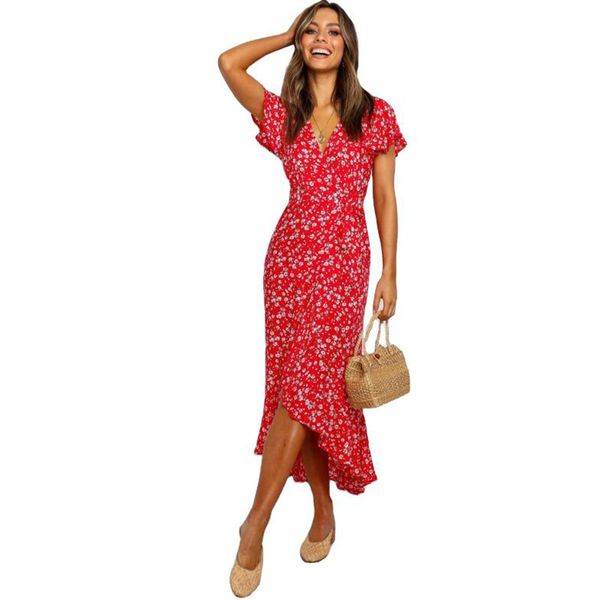 

summer women long dress casual print v-neck short sleeve red dresses woman fashion asymmetrical split ruffles midi dresses robe 210414, Black;gray