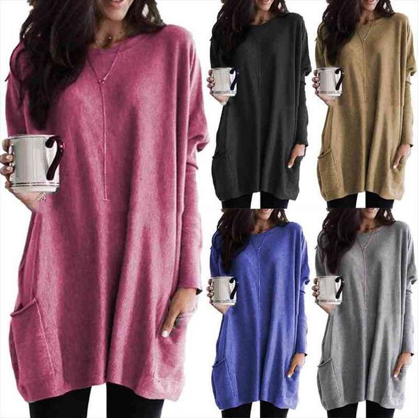 

plus size women solid color womens sweater o-neck long sleeve t-shirt tunic with pockets, White;black